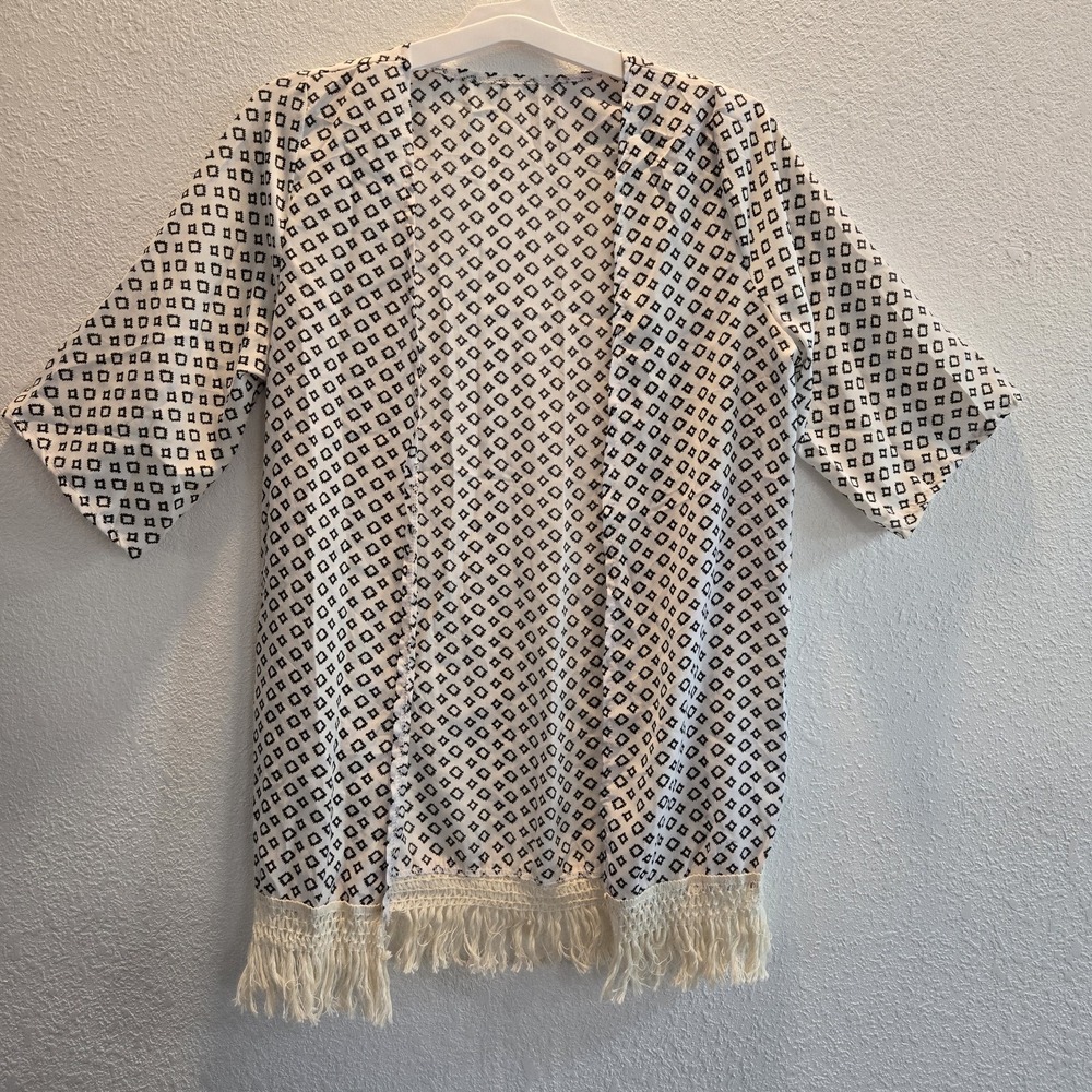 Boho Fringe Kimono‎ Cardigan Black White Geometric Open Front Womens One Size
